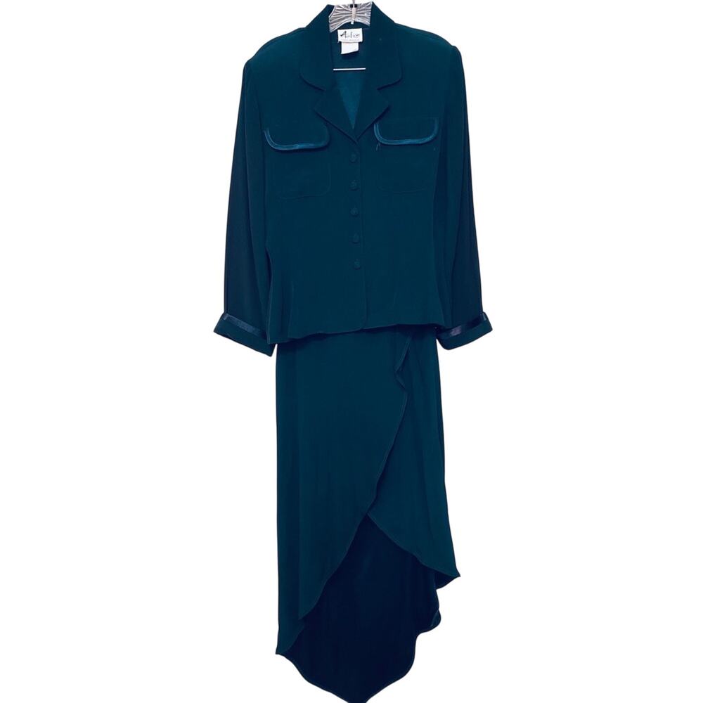 Vintage Audio by Connie Anderson Teal Blue Two Piece Button Down Shirt Skirt Set